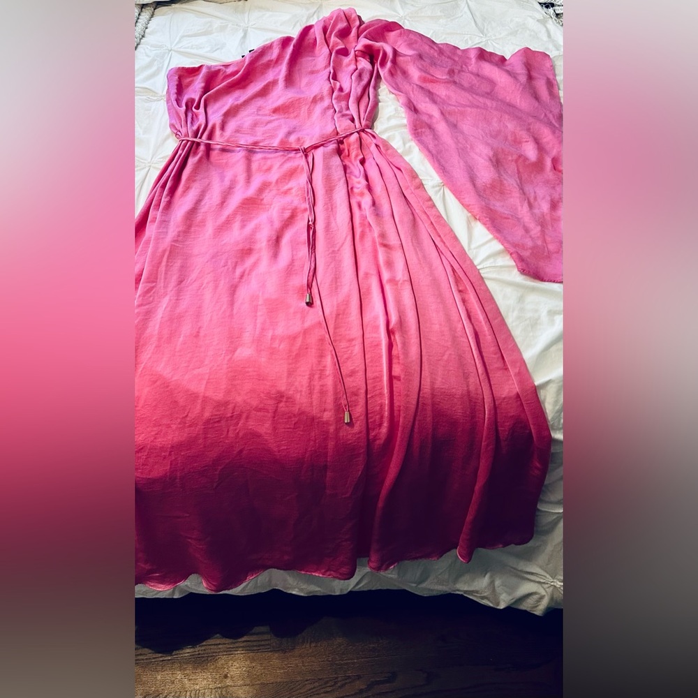 Pink one shoulder floating dress with belt